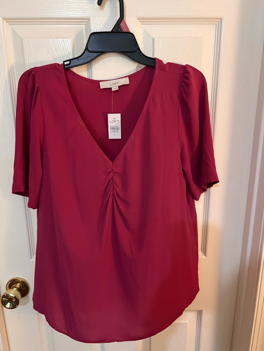 LOFT Women's V-Neck Short Sleeve Blouse - Berry Pink